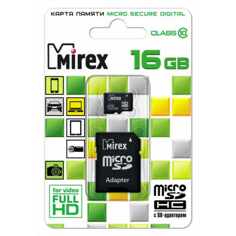 Mirex MicroSDHC 16Gb Class10 + adp карта памяти