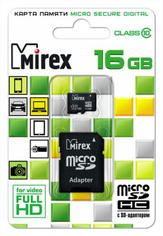 Mirex MicroSDHC 16Gb Class10 + adp карта памяти