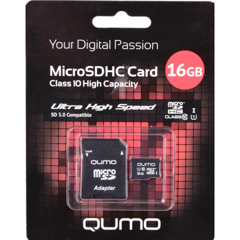 Qumo microSDHC 16Gb Class 10 UHS-I + adp карта памяти