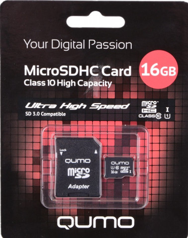 Qumo microSDHC 16Gb Class 10 UHS-I + adp карта памяти