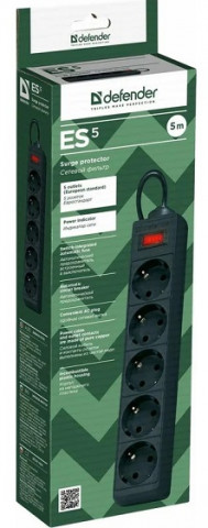 Defender ES 5.0 m сетевой фильтр 5 розеток, черный Defender ES 5.0 m сетевой фильтр 5 розеток, черный