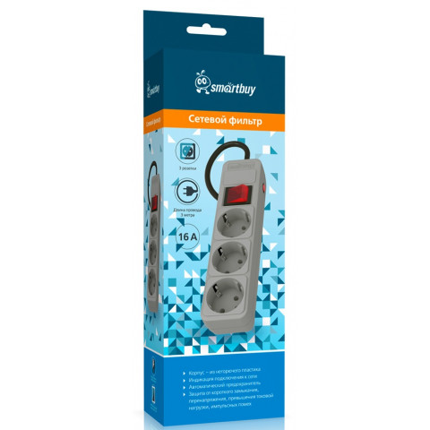 Smartbuy SBSP-3-30-G 3 розетки,3м серый сетевой фильтр Smartbuy SBSP-3-30-G 3 розетки,3м серый сетевой фильтр