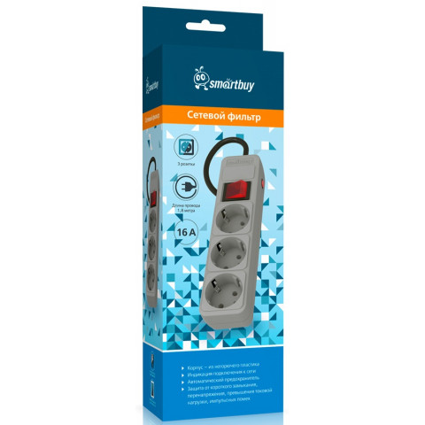 Smartbuy SBSP-3-18-G 3 розетки,1,8м серый сетевой фильтр Smartbuy SBSP-3-18-G 3 розетки,1,8м серый сетевой фильтр