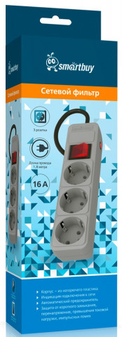 Smartbuy SBSP-3-18-G  3 розетки,1,8м серый сетевой фильтр