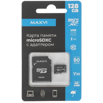 Maxvi microSDHC MSD128GBC10V30 128Gb Class 10 + адаптер, карта памяти Maxvi microSDHC MSD128GBC10V30 128Gb Class 10 + адаптер, карта памяти