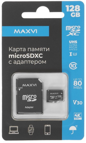 Maxvi microSDHC MSD128GBC10V30 128Gb Class 10 + адаптер, карта памяти