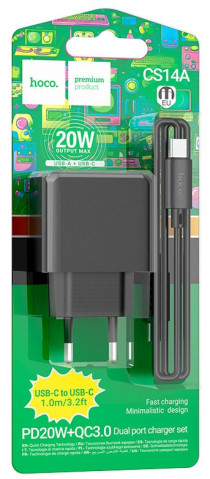 Hoco CS14A 3A 20W USB, Type-C Black зарядное устройство Hoco CS14A 3A 20W USB, Type-C Black зарядное устройство