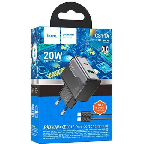 Hoco CS71A 20W Type-C, кабельType-C Black зарядное устройство Hoco CS71A 20W Type-C, кабельType-C Black зарядное устройство