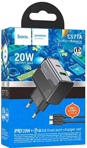 Hoco CS71A 20W Type-C, кабельType-C Black зарядное устройство Hoco CS71A 20W Type-C, кабельType-C Black зарядное устройство